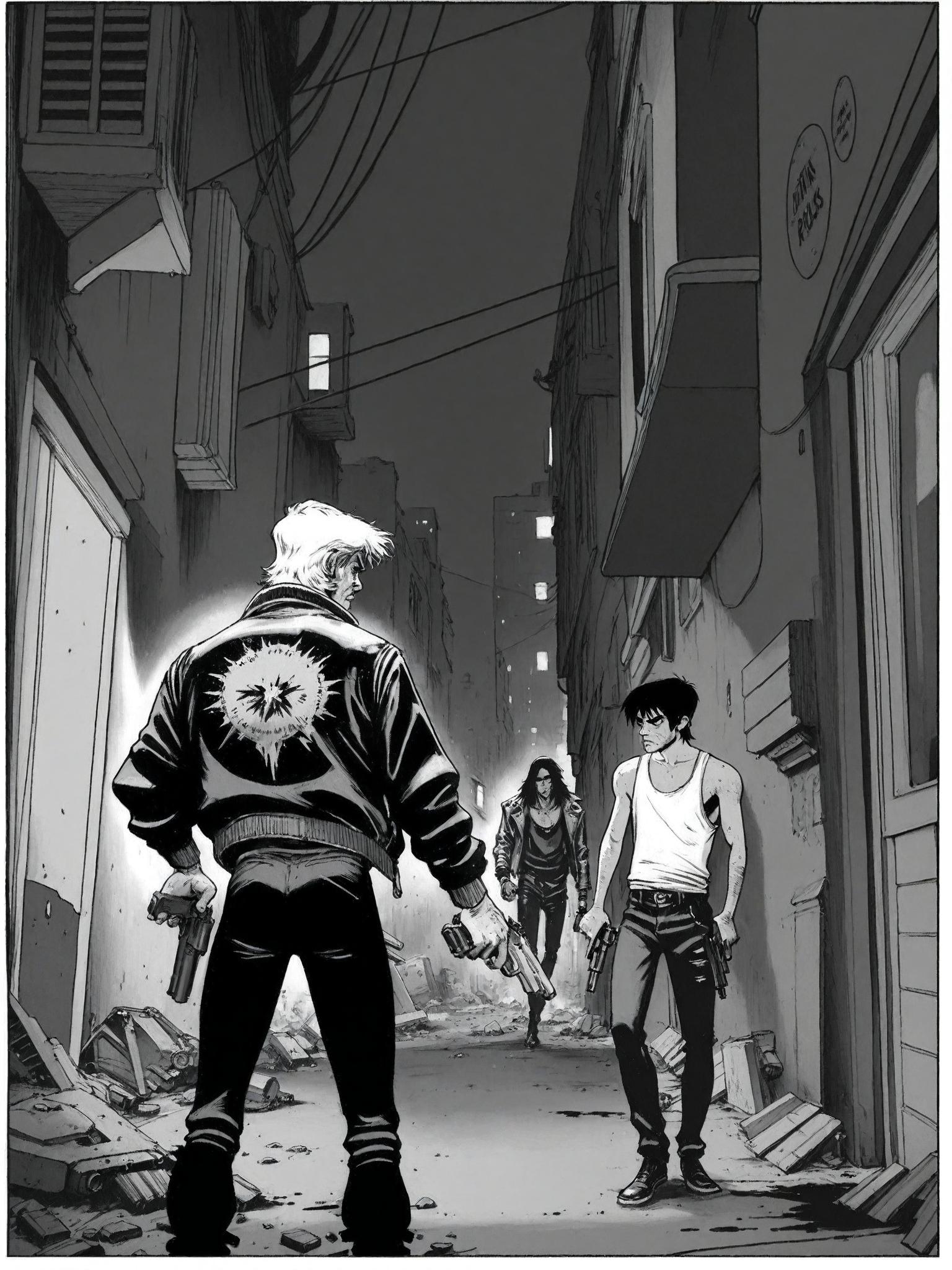 greyscale, monochrome, weapon, gun, multiple boys, male focus, holding, holding weapon, 2boys, holding gun, pants, handgun, building, short hair, tank top, jacket, Punk Rock Jesus, Sean Murphy style, urban alley, night scene, confrontation, pistol, black and white illustration, ink art, gritty atmosphere, comic art,INK