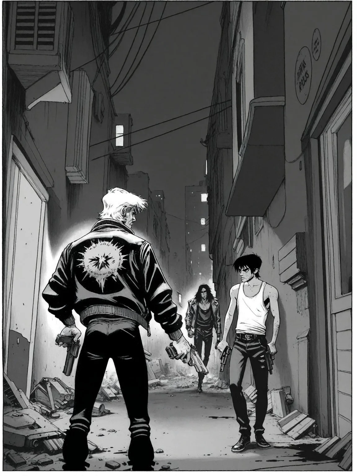 greyscale, monochrome, weapon, gun, multiple boys, male focus, holding, holding weapon, 2boys, holding gun, pants, handgun, building, short hair, tank top, jacket, Punk Rock Jesus, Sean Murphy style, urban alley, night scene, confrontation, pistol, black and white illustration, ink art, gritty atmosphere, comic art,INK