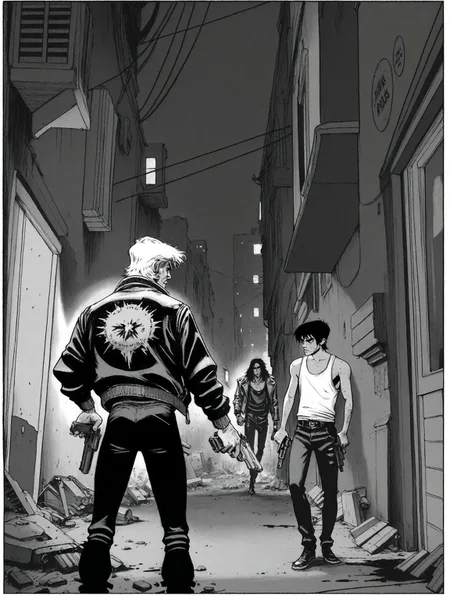 greyscale, monochrome, weapon, gun, multiple boys, male focus, holding, holding weapon, 2boys, holding gun, pants, handgun, building, short hair, tank top, jacket, Punk Rock Jesus, Sean Murphy style, urban alley, night scene, confrontation, pistol, black and white illustration, ink art, gritty atmosphere, comic art,INK