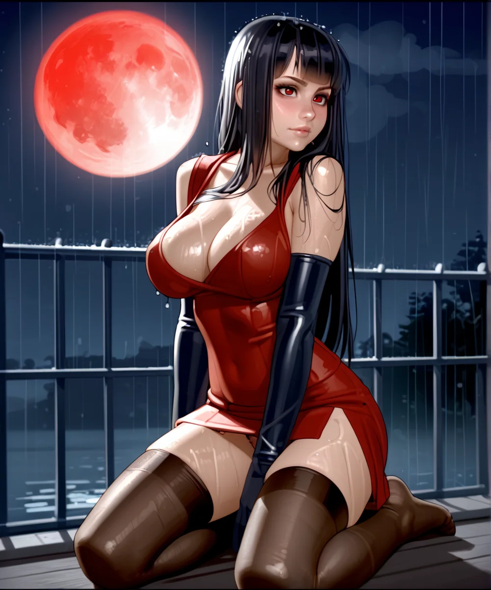 muh. 1girl, black hair, breasts, cleavage, elbow gloves, full moon, gloves, kneeling, large breasts, letterboxed, lips, long hair, moon, moonlight, night, rain, red moon, signature, skirt, solo, thighhighs, underwear, wet