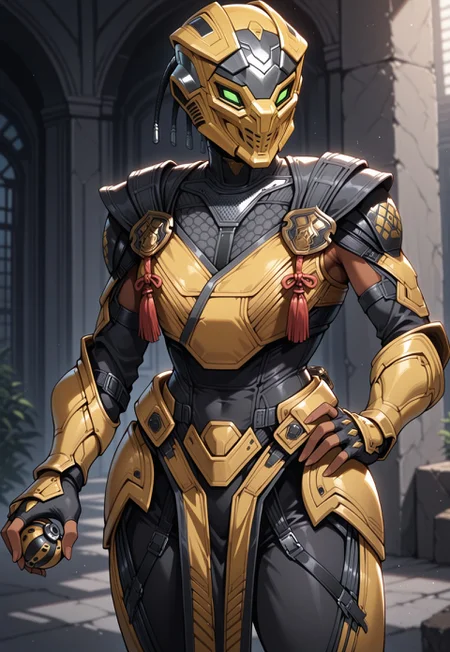 masterpiece, best quality, detailed, realistic, cowboy shot, 1girl, solo, Cyrax, Helmet, mask, green eyes, dark-skinned female, Black bodysuit, shoulder armor, breastplate, gauntlets, fingerless gloves, leg armor, pelvic curtain, holding grenade, hand on hip,