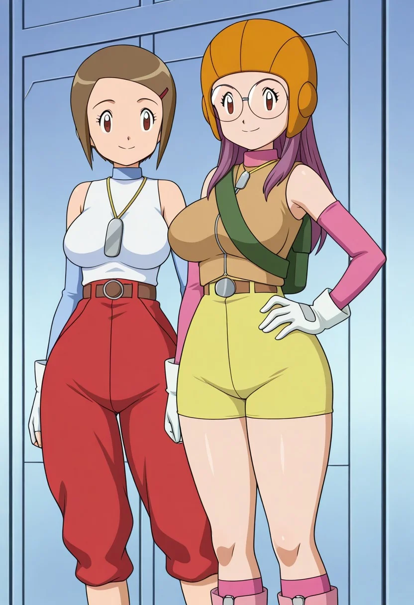 anime screencap, anime art style, digimon adventure 02, duo, couple, thick thighs, wide hips, large breasts, saggy breasts, 2girls, cuddle,
BREAK
(1girl, yolei inoue,1 character, baggy pants, orange aviator helmet, round glasses, blue long-sleeve shirt, brown vest, white gloves, red high-waisted pants, green knee-high boots, gloves, glasses, helmet, boots, purple hair, smile, long hair, pants, vest, white gloves, standing, bag, hand on hip,)
BREAK
(2girl, kari kamiya,2 Character, 1outfit, short brown hair, anime girl, futuristic outfit, pink long sleeves, fingerless gloves, sleeveless white top, yellow shorts, high boots, pink and white boots, pendant necklace, gloves, brown hair, brown eyes, smile, fingerless gloves, shorts, yellow shorts, hair ornament, short hair, hairclip, standing, elbow gloves, socks,)