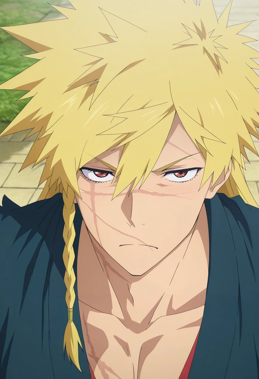 masterpiece, best quality, , anime screencap, anime coloring, official style, , 1boy, solo, male focus, <lora:choubei_aza_ilxl:0.94>, choubei_aza, blonde hair, brown eyes, long hair, braid, spiked hair, scar, scar on face, , ,