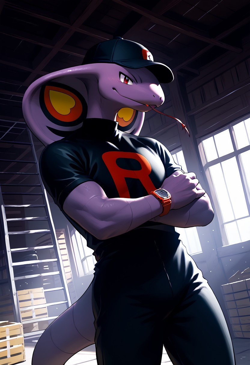 score_9, score_8_up, score_7_up, score_6_up, score_5_up,  (dutch angle), (solo, male_focus), (arbok, snake, pokemon, anthro, wearing team rocket uniform, black pants, black cap with red R, Red R watch), (holding his wrist, dynamic pose), (warehouse, indoor), (extremely detailed background, detailed landscape), (extremely detailed, masterpiece, high quality)