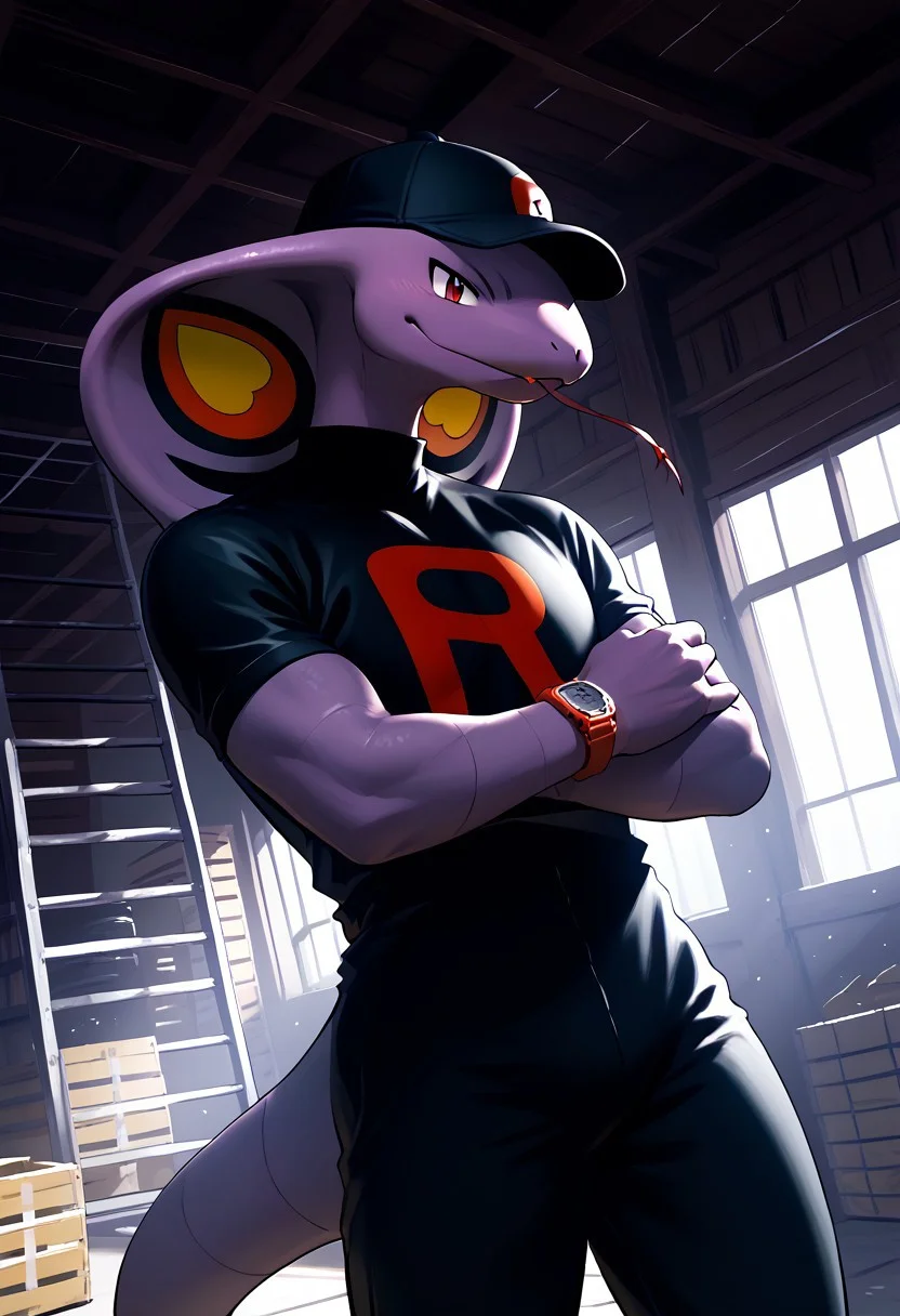 score_9, score_8_up, score_7_up, score_6_up, score_5_up,  (dutch angle), (solo, male_focus), (arbok, snake, pokemon, anthro, wearing team rocket uniform, black pants, black cap with red R, Red R watch), (holding his wrist, dynamic pose), (warehouse, indoor), (extremely detailed background, detailed landscape), (extremely detailed, masterpiece, high quality)