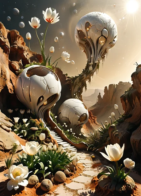 PandoraLnd,bioform,desert biom,alien,white tulips,<lora:Pandora Land XL:1>,<lora:The_Dark_Side_of_the_Earth:0.6>,<lora:Desolation:0.4>,