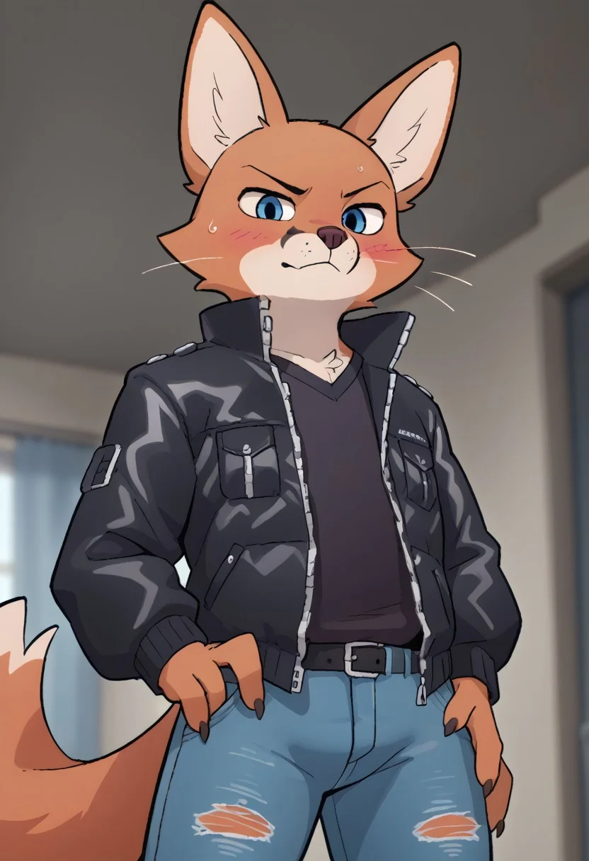 Uncensored, Score_9, score_8_up, score_7_up, score_6_up, score_5_up, score_4_up,
((anthro)), ((furry)), furry, anthro, source_furry,
rating_explicit,
solo,
fox male, black jacket, ripped jeans, delinquent, himbo, out of shape
dutch angle, scottp, SirocStyle