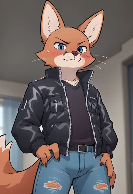 Uncensored, Score_9, score_8_up, score_7_up, score_6_up, score_5_up, score_4_up,
((anthro)), ((furry)), furry, anthro, source_furry,
rating_explicit,
solo,
fox male, black jacket, ripped jeans, delinquent, himbo, out of shape
dutch angle, scottp, SirocStyle