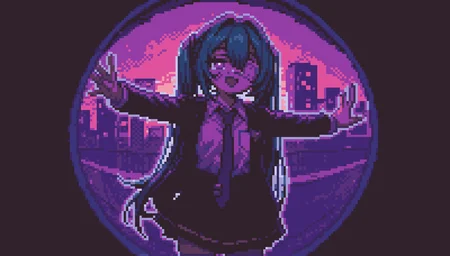 1girl, hatsune miku, hmmonitoring, peephole, very long hair, twintails, bangs, hair between eyes, medical eyepatch, school uniform, collared shirt, necktie, jacket, open jacket, long sleeves, pleated skirt,
outstretched arms, pocket, one eye covered, shirt tucked in, breast pocket, purple necktie, medical eyepatch, glitch, cowboy shot, :d, glowing eyes, half-closed eyes, palms, heart-shaped pupils,
outstretched arms
outdoors, building, purple theme, abstract background, sunset, cityscape, wind, cowboy shot,
backlighting, reflection, gradient background,
rating safe, retro pixel art, pixelated, retro, white outline,
masterpiece, best quality, amazing quality, newest, <lora:Hatsune_Miku_Monitoring:1.0> <lora:midnight_girls_r_-_pixel_art_style:1.0>