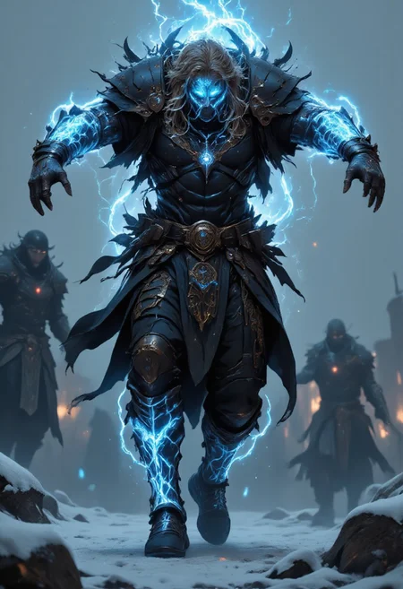 UHD 32k epic fantasy movie still, Full-body portrait, low-angle cam, HDR, RAW. photograph. angry blond Viking man god of Thunder dynamic leaping at camera holding Mjölnir overhead, lightning striking Mjölnir and he glows with lightning aura and blue lightning bio ink arcane tattoos mad-arcnsmbls, he has glowing tattoos on his arms and legs, snow on medieval battle background, snowing, high action pose, correct digits, fantasy, impossible jump, epic scale, Stunning visuals, Texture, aidmafluxpro1.1, Cinematic style, Beauty, Realism, Photorealism, Chiaroscuro, High quality, vikingpunk, viking_punk, ArsMJStyle