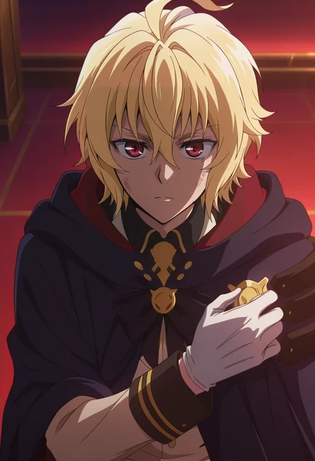 masterpiece, best quality, , anime screencap, anime coloring, official style, , 1boy, solo, male focus, <lora:mikaela_hyakuya_ilxl:0.94>, mikaela_hyakuya, blonde hair, red eyes, short hair, hair between eyes, bangs, ahoge, white gloves, cape, , zombie hunter costume