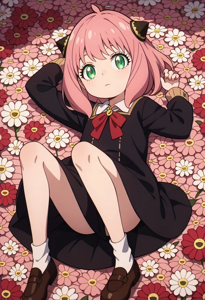 score_9,
score_8_up,
score_7_up,
score_6_up,
1girl,
solo,
anya_(spy_x_family) ,
anya forger, bangs, green eyes, pink hair, ahoge, hair ornament, hairpods, child, female child,
long sleeves, dress, school uniform, socks, black dress, eden academy school uniform,
lying,
((sleeping)),
((losed_eyes)),
((eyes_closed)),
multicolor,
flat color,
no lineart,
flower,
flower background,