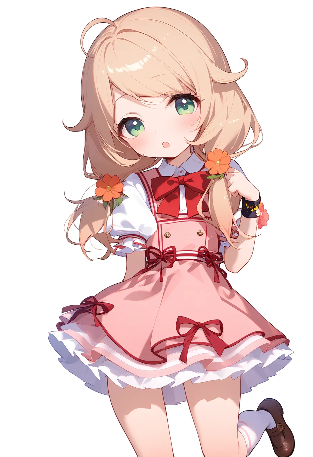 1girl,
yusa kozue,
ahoge, blush, brown footwear, open mouth, kneehighs, red bowtie, pink dress, socks, blonde hair, hair flower, white background, green eyes, puffy short sleeves, twintails, puffy sleeves, shoes, full body, simple background, low twintails, standing, hair ornament, bow, short sleeves, wristband, flower, white socks, dress, long hair, red bow, :o, bowtie, solo,
sfw
<lora:a31_char_new_yusa_kozue-000010:1> <lora:a31_style_koni-000010:0.8>