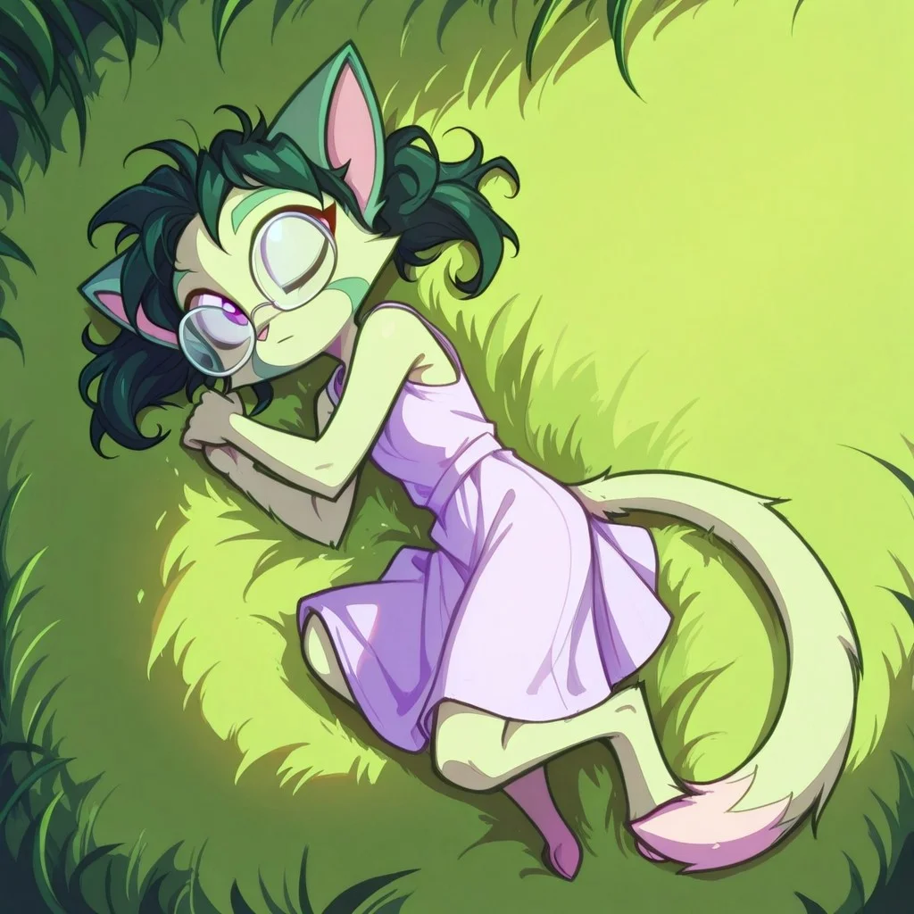 Dreamkeepers,1girl,prelude_lilith,solo,furry,cat tail,green hair, source_furry,glasses,magenta eyes,
masterpiece, child, kid,
grass, laying, sleeping, summer, outside, messy hair, white summer dress,