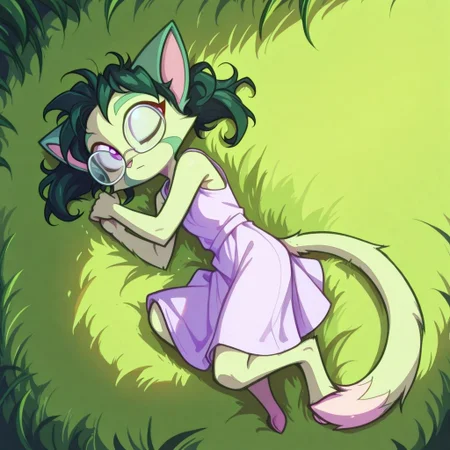 Dreamkeepers,1girl,prelude_lilith,solo,furry,cat tail,green hair, source_furry,glasses,magenta eyes,
masterpiece, child, kid,
grass, laying, sleeping, summer, outside, messy hair, white summer dress,