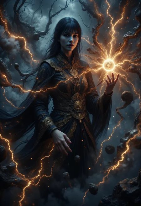 auralora, Dark Moody Atmosphere, Avant-garde, painting, evil, unsettling, nightmare, best quality, masterpiece (Luis Royo style drawing), Mystical light, electrical energy, Fog. female oriental necromancer mage, evil and mystical, long hair, bangs, with robes of black cloth with golden arcane embroidery, a ball in one hand emitting an evil aura, evil spirits manifesting around her