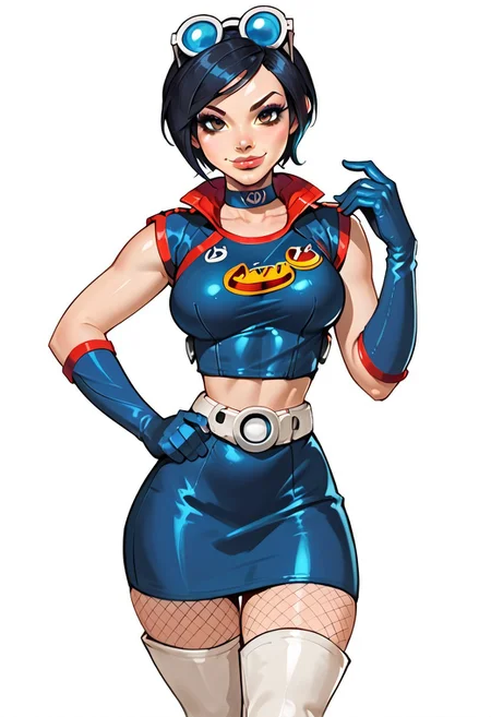 score_9, score_8_up, score_7_up, ( realistic:1.2), source_cartoon, source_western,
artificial light source, rating_lewd, 
1girl, (((solo))), solo focus,
20 years old, 
May lee jinju, brown eyes, black hair, short hair, belt, sunglasses on head, gloves, medium breasts, 
(blue cropped jacket, fishnets, blue elbow gloves, blue short skirt, pantyhose, high heels, white thigh boots, choker, belly chain), 
teasing, (beautiful face, beautiful eyes, beautiful makeup, eyeliner, eyeshadow, long eyelashes, sexy smile, soft lips, full lips, seductive), dynamic sexy pose, sexy smile, aroused, horny, looking at viewer, very sexy, very cute, shiny skin,