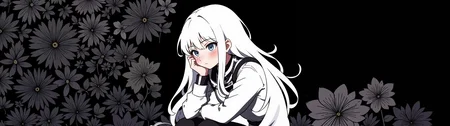 Flat colour anime style showing an adult woman with long hair wearing techwear on the left side of the image. head resting on hands, white silouette on black floral patterned background, white on black pattern, high contrast negative space