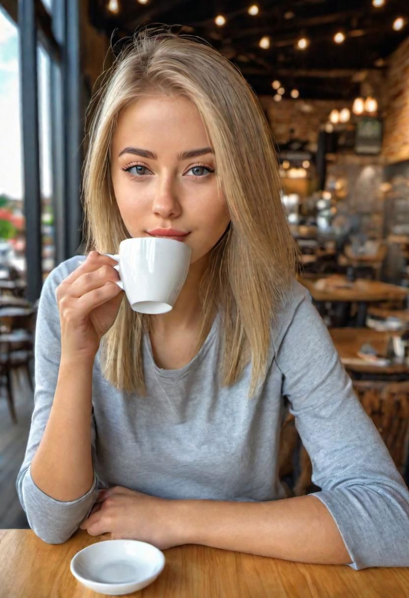 (masterpiece)
a beautiful blond girl drinking coffee, 
coffe shop background, 
HDR, 8k, trending on artstation,