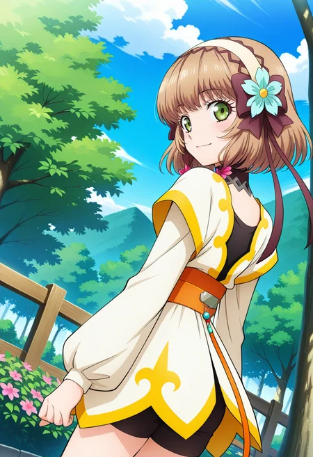 park, trees, flowers, village in the background,
BREAK,
light smile, from behind, looking back,
cowboy shot, dynamic angle,
BREAK,
<lora:leiax2_illustriousXL_v01:0.9>
leiax1, brown hair, green eyes, short hair, hair ornament, hair flower, hair ribbon,
choker, short dress, white dress, long sleeves, black bike shorts,
brown footwear,, source_anime, very aesthetic, anime coloring, masterpiece,
best quality, amazing quality, ultra detailed, very aesthetic,
detailed background,
BREAK,