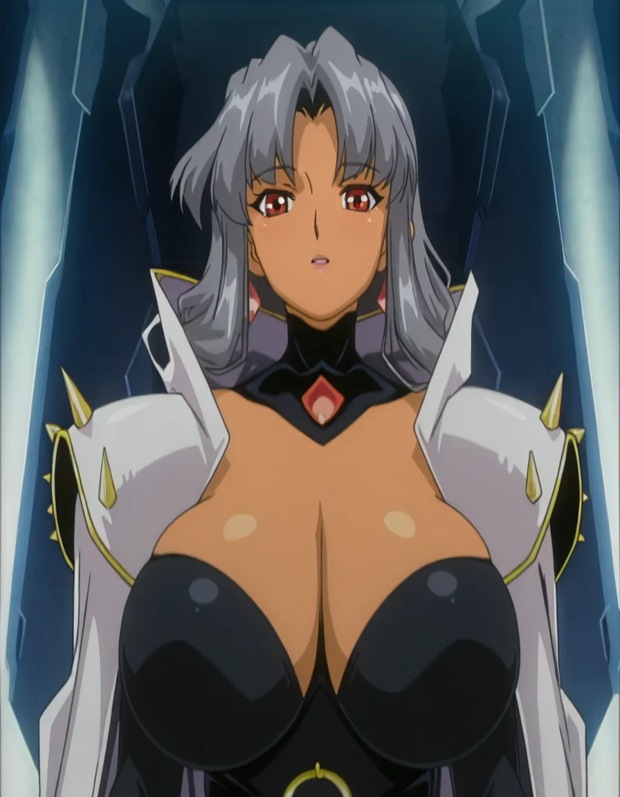 Phantom Lady, long grey hair, red eyes, clothes, massive breasts