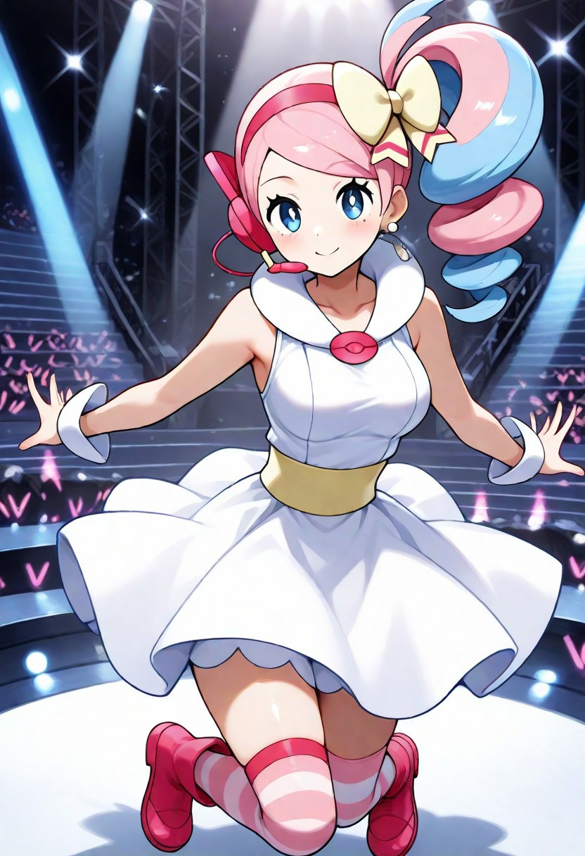 2d, masterpiece, best quality, amazing quality, highres, absurdres, newest, 1girl, solo, looking at viewer, stage, spotlight, medium breasts, bwnancy, yancy \(pokemon\), blue eyes, white pupils, mole under eye, pink hair, blue hair, multicolored hair, collarbone, bare shoulders, side ponytail, drill hair, hair bow, yellow bow, headset, earrings, hairband, sleeveless dress, wrist cuffs, skirt, white dress, jumping, striped thighhighs, ankle boots, pink footwear