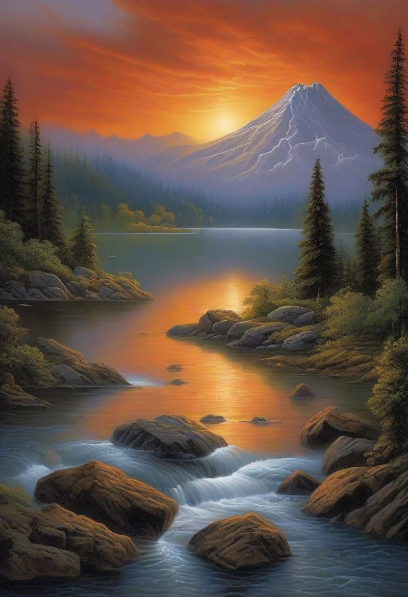 (masterpiece, best quality, highly detailed), stunning, transcendent, realism, a scene of unparalleled natural beauty: a serene lake nestled amidst towering mountains, with a small stream winding through lush meadows. The air is crisp, carrying the scent of pine, while the sky is ablaze with the colors of the setting sun. On the distant horizon, an erupting volcano spews molten lava into the air, casting an eerie red glow on the landscape. Amidst this spectacle, a campfire flickers on the shore, illuminating the water with its warm light. Snow-capped peaks rise majestically, waterfalls cascade down their slopes, and mist hangs in the air. Here, amidst the convergence of air, water, earth, fire, and the raw power of nature, one witnesses a truly transcendent moment of beauty that leaves an indelible mark on the soul, extra water detail, depth of view