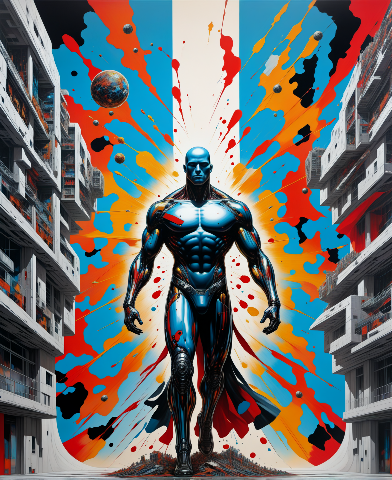 strong man,Panorama,masterpiece,best quality, <lora:SandraChevrierXL:0.8>,sachr style,futuristic,religious,aesthetic (abstract warpaint),8k,awardwinning,trending on artstation and deviantart