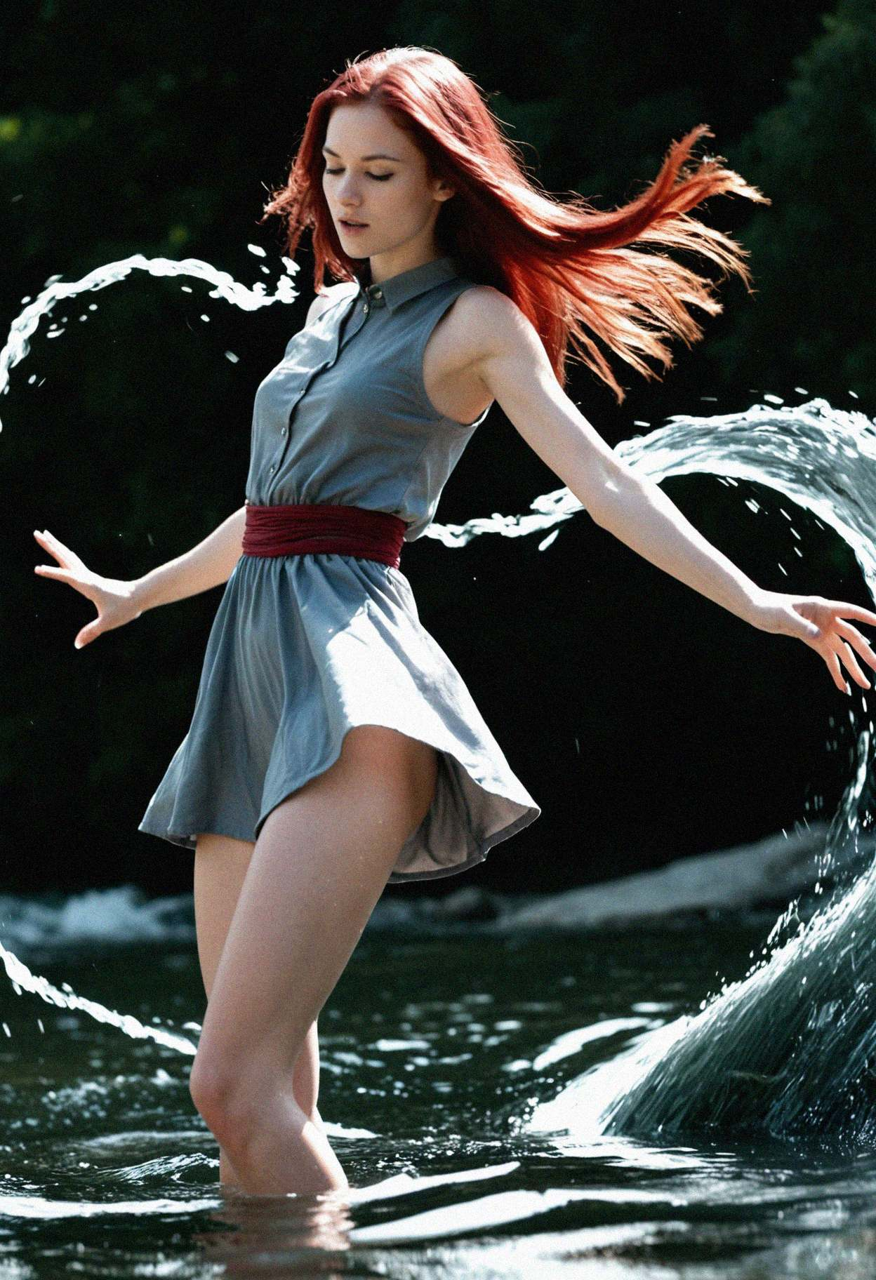 score_9_up, photo \(medium\), paid reward, photorealistic, realistic, , thin body, straight hair, deep red hair color, 1girl, 26yo woman, clothed, dynamic pose, waterbender, water swirling around her, clear water, transculcent water, river