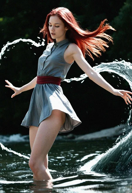 score_9_up, photo \(medium\), paid reward, photorealistic, realistic, , thin body, straight hair, deep red hair color, 1girl, 26yo woman, clothed, dynamic pose, waterbender, water swirling around her, clear water, transculcent water, river