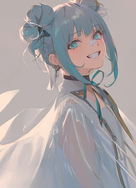 masterpiece,best quality,<lora:sd_xl_dpo_lora_v1-128dim:1>,1girl,solo,bandaid,smile,bandaid on face,looking at viewer,braid,double bun,earrings,bandaid on nose,ribbon,hair ornament,bandages,jewelry,upper body,aqua eyes,grin,long hair,see-through,hair bun,bangs,blush,blue eyes,from side,teeth,, ask \(askzy\),(masterpiece:1,2),best quality,blank background,Cinematic Lighting,<lora:jiuXL:1>,