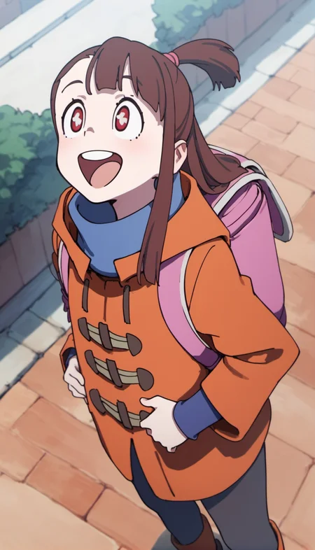 score_9,score_8_up,score_7_up,
<lora:AtsukoKagari:0.9>,akkokagari,
1girl,solo,brown hair,long hair,bangs,short ponytail,pink hair tie,red eyes,shining eyes,open smile,orange duffle coat,blue undershirt,blue high collar,pink backpack,upper body,from above,face focus,outdoors,brick floor,