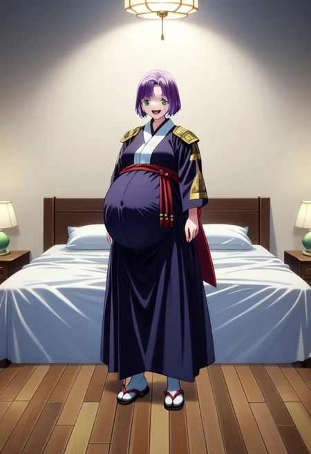 score_9, score_8_up, score_7_up, best quality, masterpiece, 4k, perfect lighting, very aesthetic, anime, anime coloring, official art, anime screencap,
OverallDetail, fFaceDetai,
bedroom, happy, smile, huge pregnant belly,  indoors,bed,
 <lora:Chained_Soldier:1>, Shikoku, black and purple hair, snake hair, 1girl, solo girl, full body,