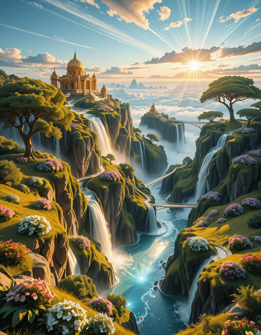 A mesmerizing celestial background featuring an otherworldly paradise. Towering crystalline mountains with peaks that glow softly under a sky painted in shifting hues of iridescent blues, pinks, and golds. Rivers of liquid light flow through vast, open meadows filled with luminescent flowers that pulse with a gentle glow. Gigantic, translucent trees with silver leaves sway in a breeze that carries floating particles of golden dust. Suspended bridges made of shimmering energy connect ancient, floating monoliths engraved with intricate celestial patterns. In the distance, an enormous radiant waterfall cascades into a bottomless, mist-covered abyss, reflecting the surrounding ethereal glow. A tranquil atmosphere, untouched and divine, filled with an overwhelming sense of wonder and serenity.
<lora:SDXLFaeTastic2400:0.4> <lora:extremely_detailed:0.4> extremely detailed,heavenly l4ndsc4p3, <lora:heavenly_l4ndsc4p3-i:1>, Masterpiece,best quality,hi res,8k,hi res,8k,award winning,(sharp focus, intricate, highly detailed),