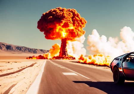 DMC Delorean driving away from a nuclear explosion, (HyperNuke:1.2), nevada desert, time circuits activated, time machine, electricity, (cinemahelper:1.2)