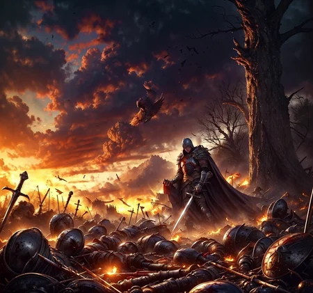 RAW photo, (masterpiece:1.3), subsurface scattering, heavy shadow, (high quality:1.4), (intricate, high detail:1.2), professional photography, HDR, High Dynamic Range, realistic, ultra realistic, photorealistic, high resolution, film photography, ambient lighting, atmospheric effects, <lora:detail_slider_v4:2>, OverallDetail, <lora:Battlefield:1>, battlefield, bird, blood, cape, cloud, cloudy sky, fire, gauntlets, helm, landscape, no humans, outdoors, planted, scenery, shoulder armor, sky, spear, standing, sunlight, sword, tree, weapon
