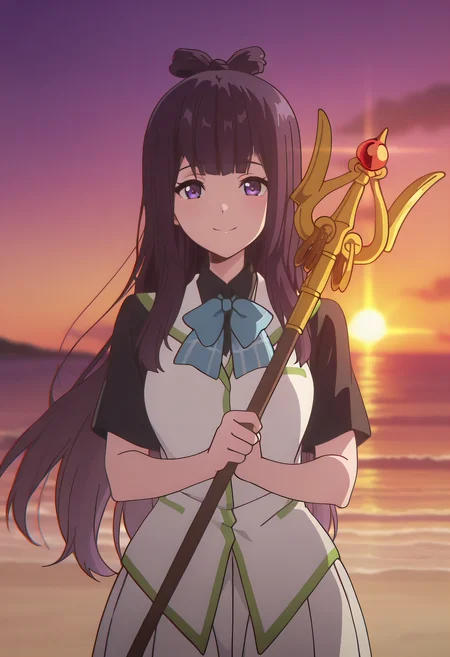 masterpiece, best quality, amazing quality, very aesthetic, absurdres,
1girl, solo, Beach Angels A, long hair, multicolored hair, gradient hair, black hair, purple hair, hair knot, purple eyes,
school uniform, black shirt, white vest, short sleeves, blue bowtie, white skirt, pleated skirt, frilled skirt,
looking at viewer, smile,
Staff, holding staff,
At beach, sunset, sun ray, dof,
anime coloring,
kyoto animation,