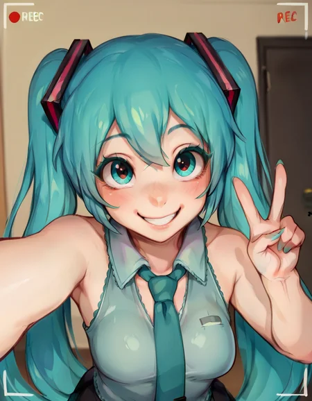 score_9, score_8_up, score_7_up, score_6_up, score_5_up, score_4_up, BREAK , <lora:Venusflower_Artist_Style_ponyXL-000020:1> hatsune_miku, solo, 1girl, smile, adorable face , cute, long eyelashes, elbow out of frame, one hand out of frame, necktie, selfie, closeup, recording, pov, v sign, upper_body