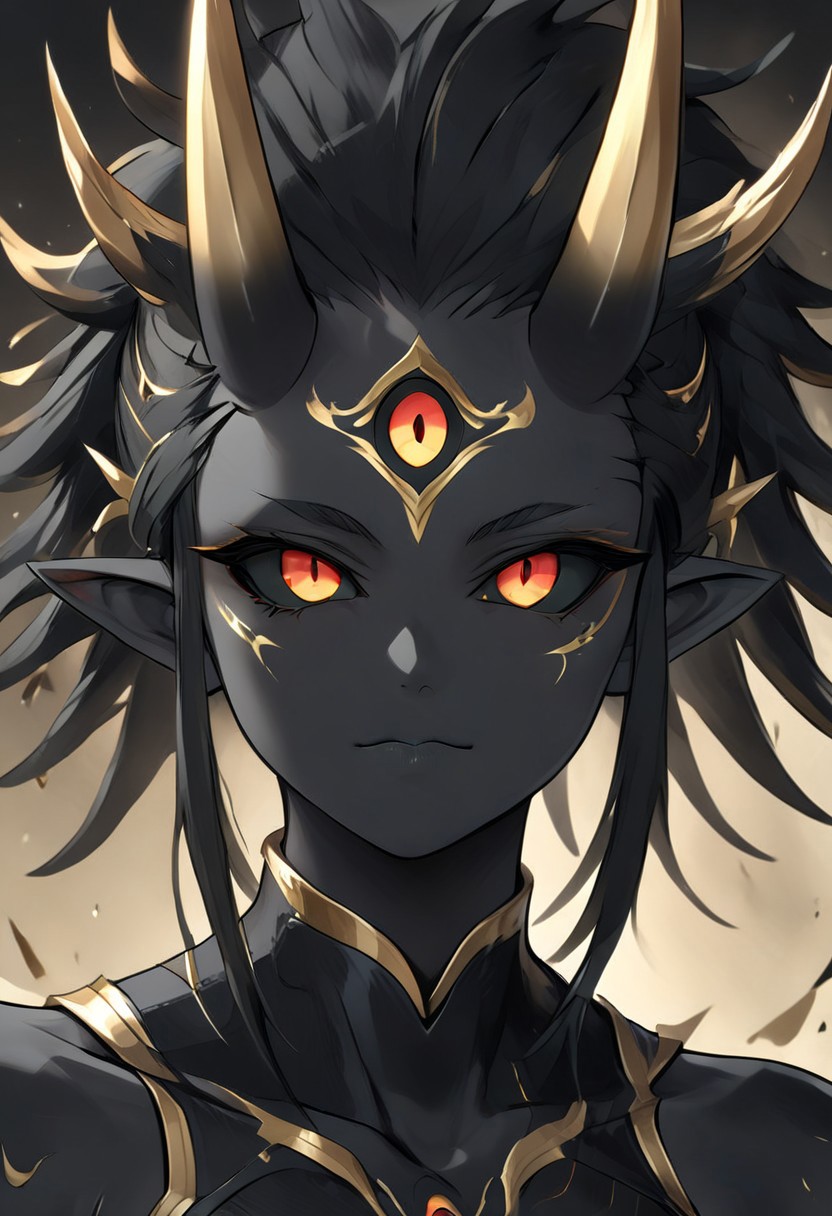 abstractzyrnox, abstract, abstract art, expressive eyes, perfect face, ((te'kharoth, third eye), tail, horns), spiky hair, messy hair, ponytail hair, thick hair, black hair, black sclera), 1girl, gold eyes, wings, BREAK, armor, facial line markings