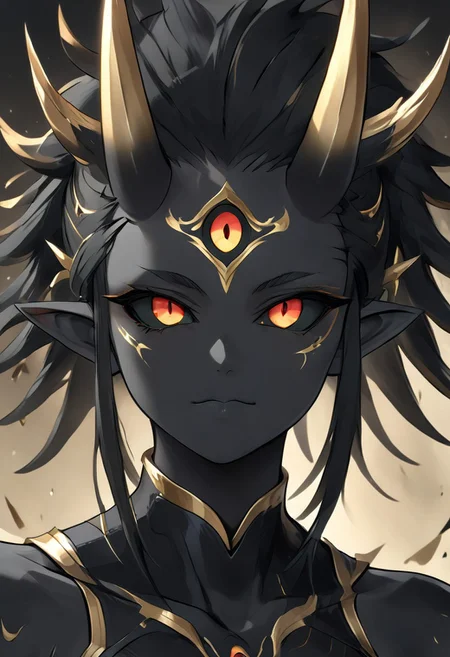 abstractzyrnox, abstract, abstract art, expressive eyes, perfect face, ((te'kharoth, third eye), tail, horns), spiky hair, messy hair, ponytail hair, thick hair, black hair, black sclera), 1girl, gold eyes, wings, BREAK, armor, facial line markings