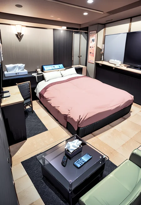 masterpiece, best quality, very aesthetic, absurdres,
lovehotel, LHbedpanel, scenery, bed, indoors, lamp, couch, table, rug, bedroom, television, pillow, phone, tissue box, box, night,
<lora:LOVEHOTEL_SDXL_V4:1>