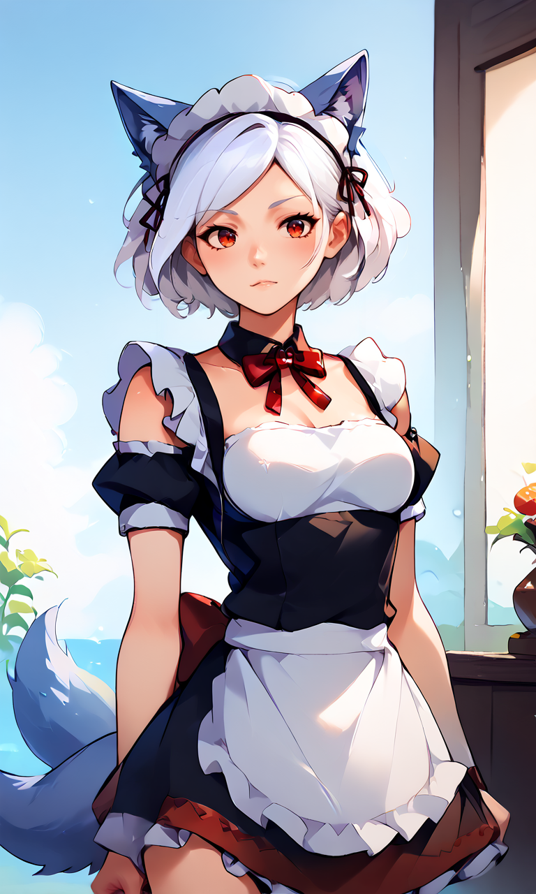 score_9, score_8_up, score_8, score_9, 1 girl, enoko_mitsugashira, short hair, cowboy shot,  source_anime, wolf ears, wolf tail, white hair, tail, red eyes, maid, maid headdress, maid apron,  <lora:enoko_mitsugashira_pony-10:0.9>, <lora:doggystyle facing viewer xl:0.8>  <lora:NoctFlatStyleV4:0.8>,  <lora:OtherStyle_03-000003:0.8>
