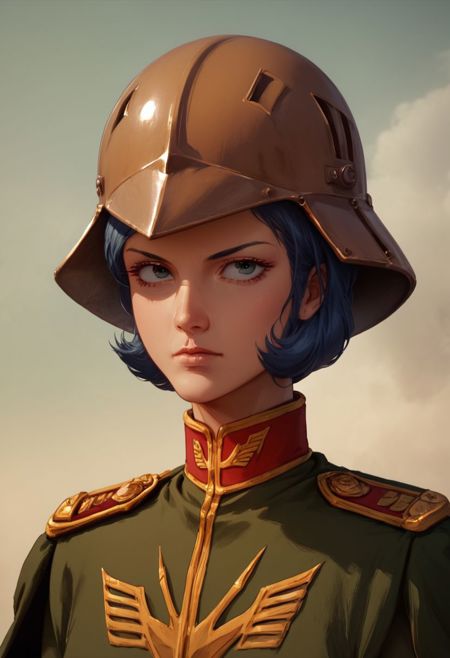 score_9, score_8_up, score_8, perfecteyes, solo, 1 woman, zeon officer, uniform, cape, helmet