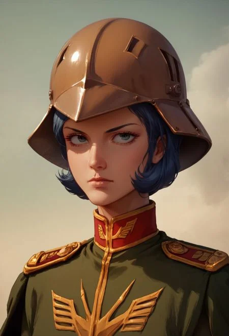 score_9, score_8_up, score_8, perfecteyes, solo, 1 woman, zeon officer, uniform, cape, helmet