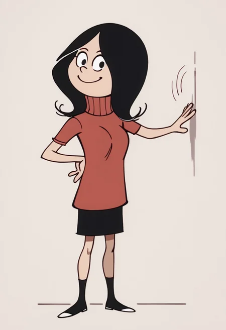 score_9, score_8_up, score_7_up BREAK Calcetinera, 1girl, black hair, black eyes, red turtleneck sweater, black skirt, black socks, flat white shoes, suggestive pose, cartoon, source_cartoon, solo, solo focus, smiling,