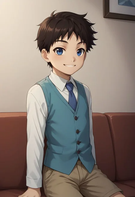 score_9, score_8_up, source_anime, highly detailed, selim, 1boy, solo, cute,
selim, 1boy, male focus, blue eyes, solo, shorts, necktie, male child, black hair, vest, blue necktie, brown hair, child, upper body, smile, happy,
indoor, sofa, sit,