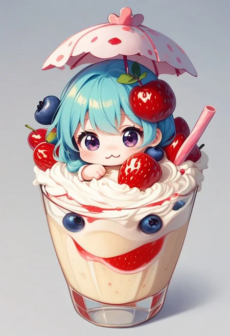 score_9, score_8_up, score_7_up, best quality, fine detail, 1girl, solo, cute, (milkshake chibi), chibi, in glass, chocolate, candies, syrup, whipped cream, rainbow sprinkles, from above, umbrella, strawberry, cherry, blueberry, hair ornament, (very detailed background), chocolate spilled on table, visually interesting, vivid colors, dark shadows, highest quality, Sticker