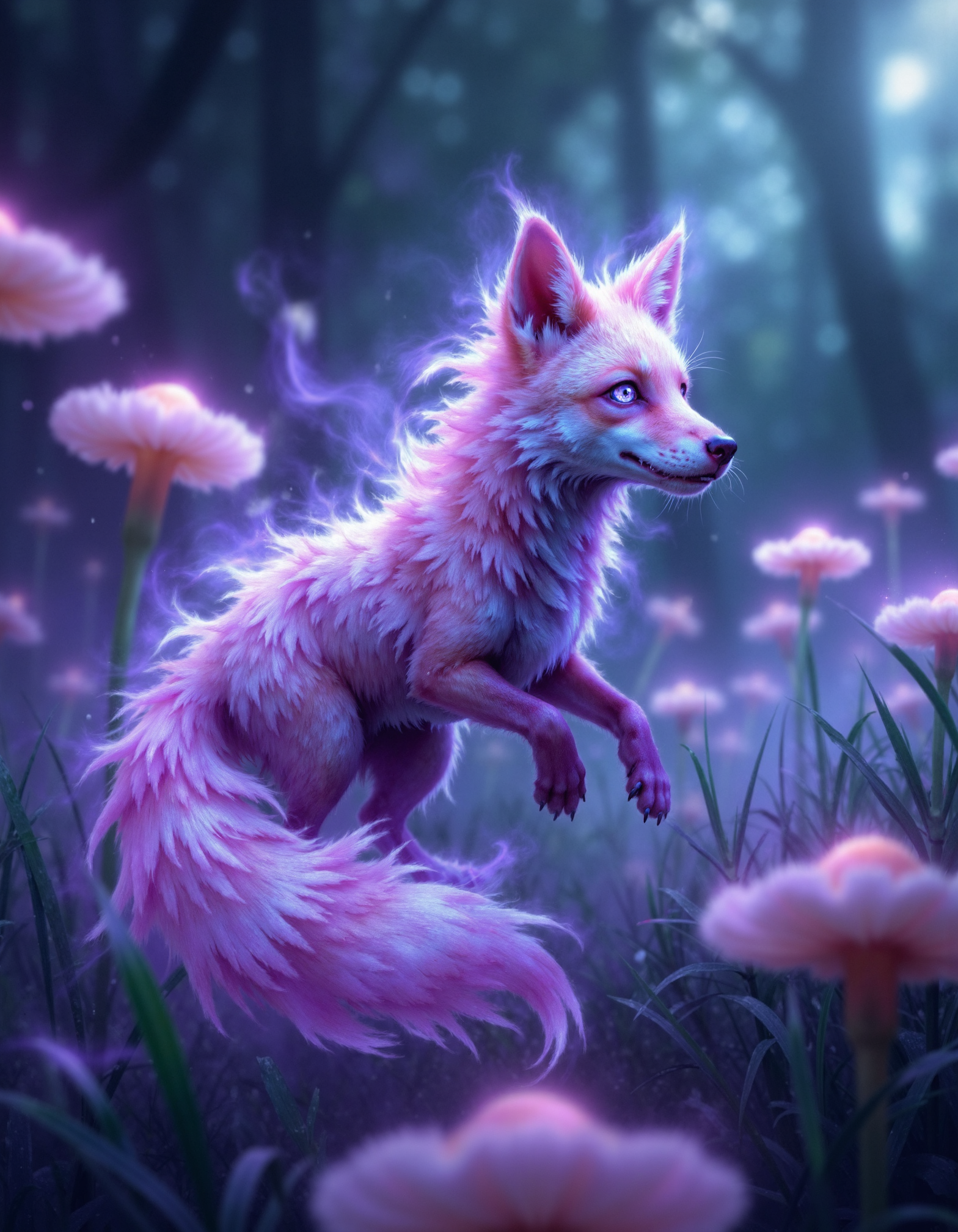 zavy-ghst, Extreme macro close-up shot, a luminescent fox ghost with swirling mists and shimmering edges, playfully darting between the blades of glowing emerald grass, illuminated by ethereal moonlight filtering through a canopy of bioluminescent fungi, surreal fantasy photographic style, vibrant purples and deep blues with hints of radiant green.