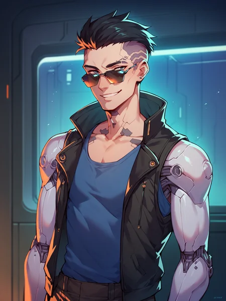 score_9, score_8_up, score_7_up, score_6_up, score_5_up, score_4_up, <lora:Cybernetics:0.9>, 1boy, solo, black hair, short hair, male cyborg, cyber arms, jacket, sleeveless, indoors, standing, cyberpunk, hacker, sunglasses, smile, portrait