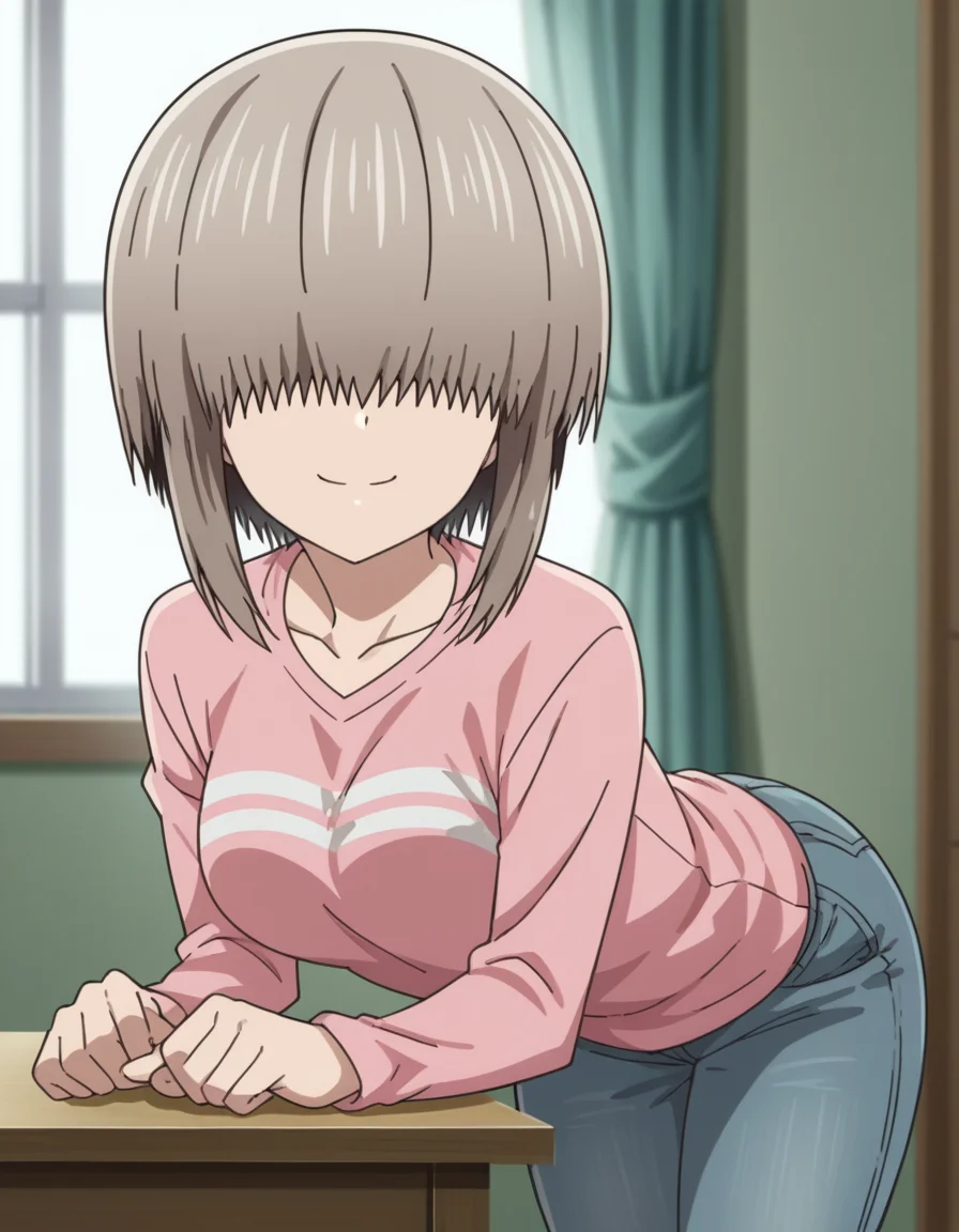 score_9, score_8_up, score_7_up, source_anime,
yanagiuzaki, <lora:yanagi-uzaki-s2-ponyxl-lora-nochekaiser:1>,
yanagi uzaki, short hair, bangs, grey hair, hair over eyes, covered eyes, long bangs, sidelocks, medium breasts,
shirt, long sleeves, pink shirt, collarbone, pants, denim,
indoors, bent over, smile,
looking at viewer, cowboy shot, solo, dutch angle,